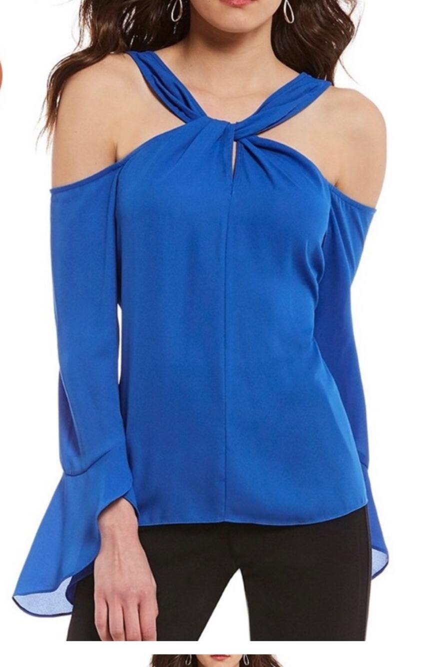 H By Halston Cold Shoulder Flutter Sleeve Top Blue M